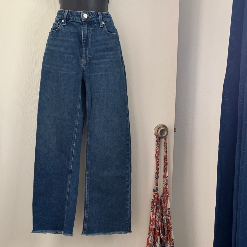 PAIGE Dark Blue High-Waisted Wide-Leg Jeans